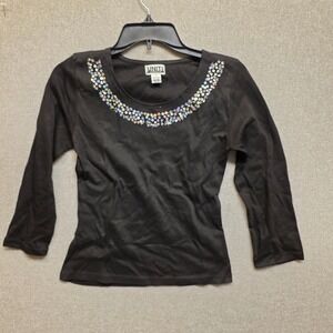 Boho VIntage Womens Black Sequin Scoop Neck Long Sleeve Cotton Top Small Y2K